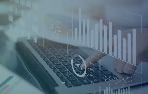 Hands on laptop with data dashboards floating — Information capabilities right column
