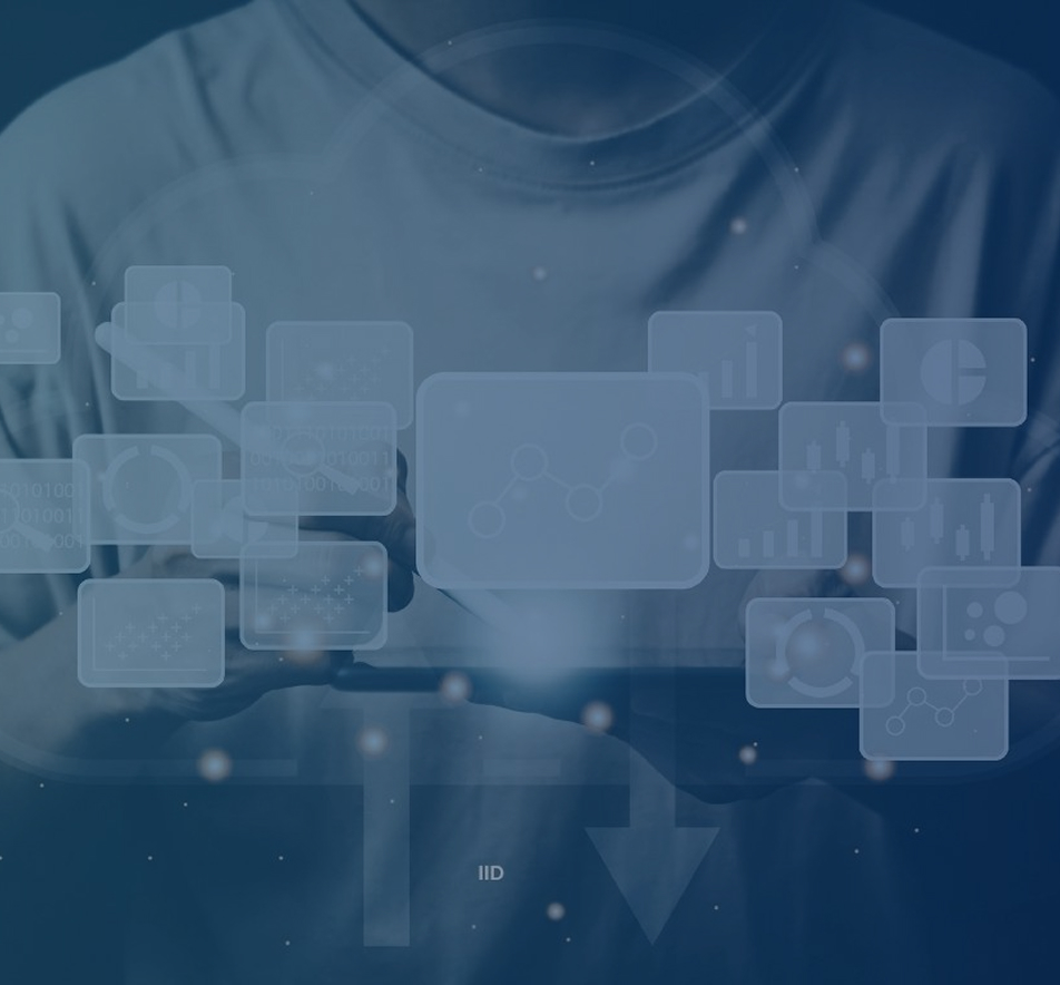 Person interacting with abstract floating data icons — Information pillar